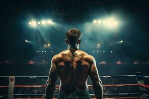hermoso muscular Boxer en boxeo anillo a el gimnasia. boxeo concepto. ai generado foto