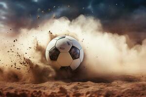 Soccer ball breaking through the sand with smoke. 3d illustration Ai Generated photo