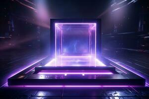 3d rendering of an empty stage with neon lights on it. Ai Generated photo