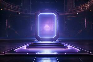 3d rendering of an empty stage with neon lights on it. Ai Generated photo