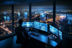 Side view of young businessman working on computer in dark office at night. Business and technology concept. Ai Generated photo