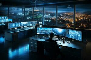 Side view of young businessman working on computer in dark office at night. Business and technology concept. Ai Generated photo