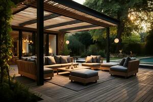 Luxury patio in the garden at night with wooden floor. Ai Generated photo