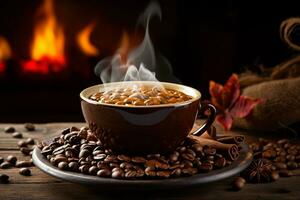 café taza y café frijoles en un de madera mesa en frente de el hogar ai generado foto