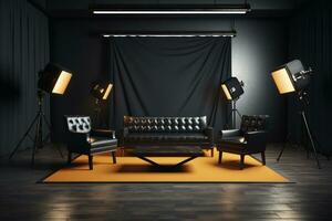interior de moderno foto estudio con negro cuero sofá y Encendiendo equipo. burlarse de arriba, 3d representación ai generado