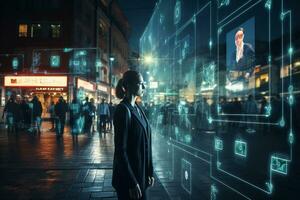 hombre caminando en el calle en el ciudad a noche con holograma pantallas ai generado foto