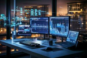 Modern computer monitors with abstract images of the city at night. 3D Rendering Ai Generated photo
