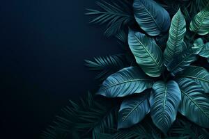 Tropical leaves on dark blue background. 3d render illustration Ai Generated photo