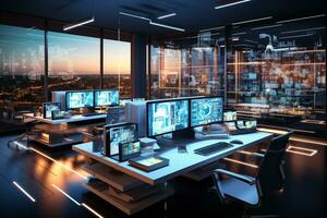 Modern computer monitors with abstract images of the city at night. 3D Rendering Ai Generated photo