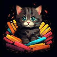 Cat head with colorful splashes on black background. Vector illustration. Ai Generated photo