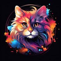 Cat head with colorful splashes on black background. Vector illustration. Ai Generated photo