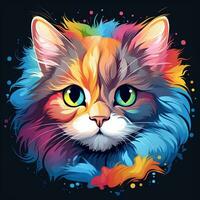 Cat head with colorful splashes on black background. Vector illustration. Ai Generated photo