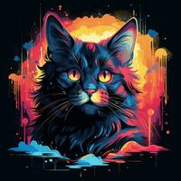 Cat head with colorful splashes on black background. Vector illustration. Ai Generated photo