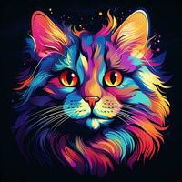 gato cabeza con vistoso salpicaduras en negro antecedentes. vector ilustración. ai generado foto