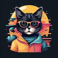 Cute cat with sunglasses and colorful Portrait. Vector illustration. Ai Generated photo