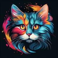 Cat head with colorful splashes on black background. Vector illustration. Ai Generated photo