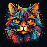 gato cabeza con vistoso salpicaduras en negro antecedentes. vector ilustración. ai generado foto