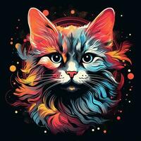 Cat head with colorful splashes on black background. Vector illustration. Ai Generated photo