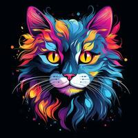 Cat head with colorful splashes on black background. Vector illustration. Ai Generated photo