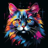 gato cabeza con vistoso salpicaduras en negro antecedentes. vector ilustración. ai generado foto