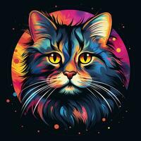 gato cabeza con vistoso salpicaduras en negro antecedentes. vector ilustración. ai generado foto