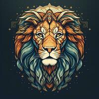 Lion head with grunge effect and sun background. Vector illustration. photo