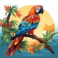 Parrot with tropical flowers in the background. Vector illustration for your design photo