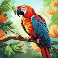 Parrot with tropical flowers in the background. Vector illustration for your design photo