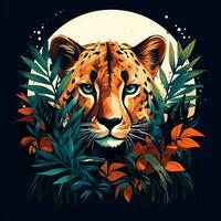 Leopard face with tropical leaves. Vector illustration on black background. photo