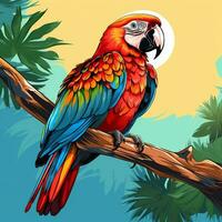 Parrot with tropical flowers in the background. Vector illustration for your design photo