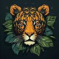 Leopard face with tropical leaves. Vector illustration on black background. photo