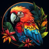 Parrot with tropical flowers in the background. Vector illustration for your design photo