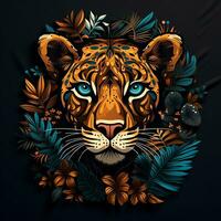 Leopard face with tropical leaves. Vector illustration on black background. photo