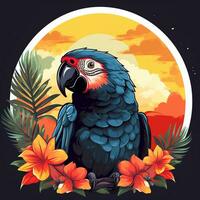 Parrot with tropical flowers in the background. Vector illustration for your design photo