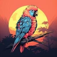 Parrot with tropical flowers in the background. Vector illustration for your design photo