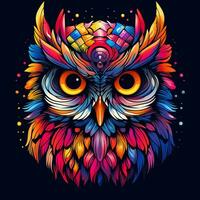 Vector illustration of an owl head with colorful ornament on dark background. photo