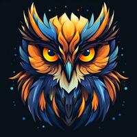 Vector illustration of an owl head with colorful ornament on dark background. photo