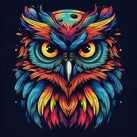 Vector illustration of an owl head with colorful ornament on dark background. photo