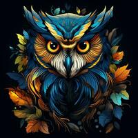 Vector illustration of an owl head with colorful ornament on dark background. photo