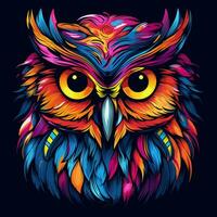 Vector illustration of an owl head with colorful ornament on dark background. photo