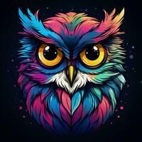 Vector illustration of an owl head with colorful ornament on dark background. photo