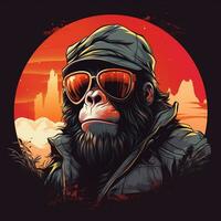vector ilustración de un gorila en un traje, Gafas de sol y atar. ai generado foto