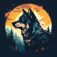 Wolf on the background of the sun in the forest. Vector illustration Ai Generated photo