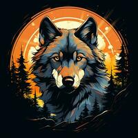 Wolf on the background of the sun in the forest. Vector illustration Ai Generated photo