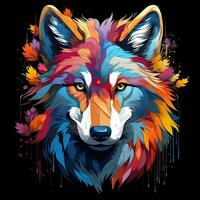 Colorful wolf head with multicolored splashes on dark background Ai Generated photo