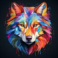 Colorful wolf head with multicolored splashes on dark background Ai Generated photo