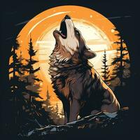 Wolf on the background of the sun in the forest. Vector illustration Ai Generated photo