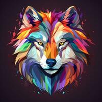 Colorful wolf head with multicolored splashes on dark background Ai Generated photo