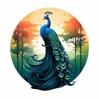 Peacock with sun and flowers. Vector illustration in retro style. Ai Generated photo