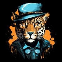 Leopard in a hat and suit of a gangster. Vector illustration Ai Generated photo